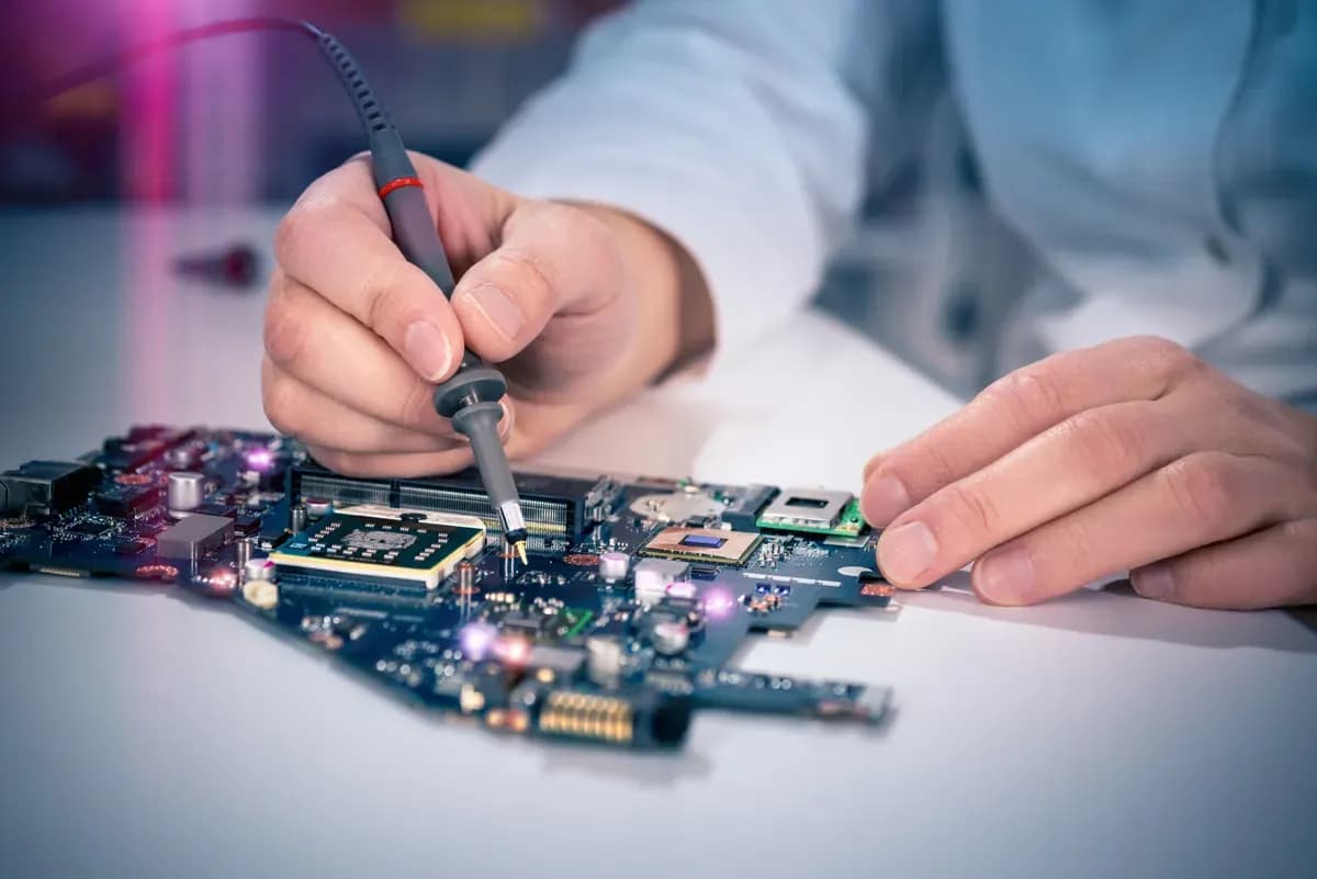 An instructor demonstrating hand soldering on a circuit board