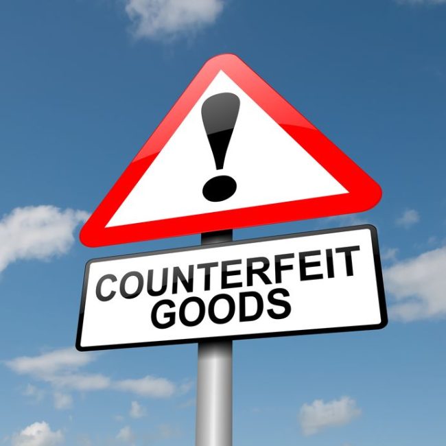 illustration depicting a road traffic sign with a counterfeit goods concept. blue sky background.