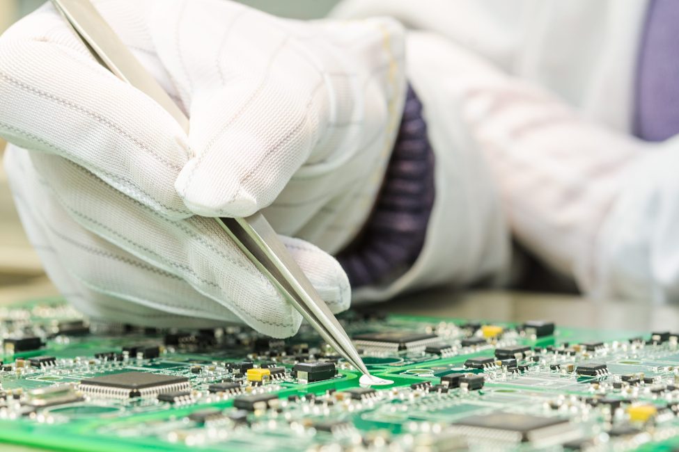 Engineering and electronic component quality control in QC lab on computer PCB turnkey manufacturing