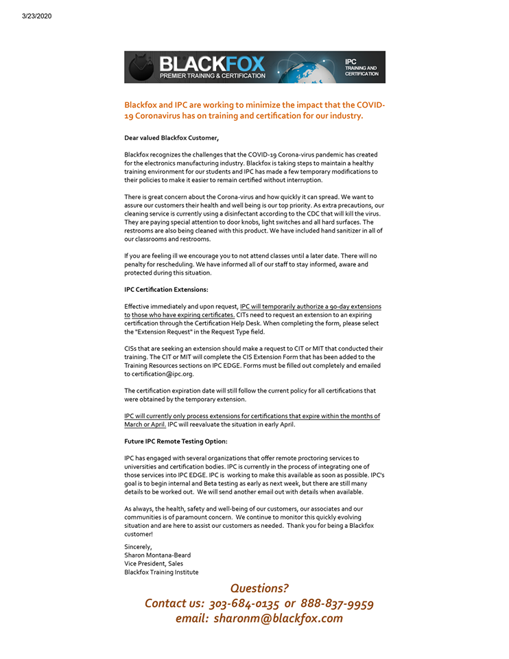 Blackfox announcement on COVID situation