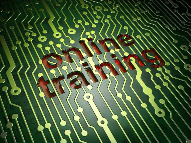 Education concept: circuit board with word Online Training, 3d render