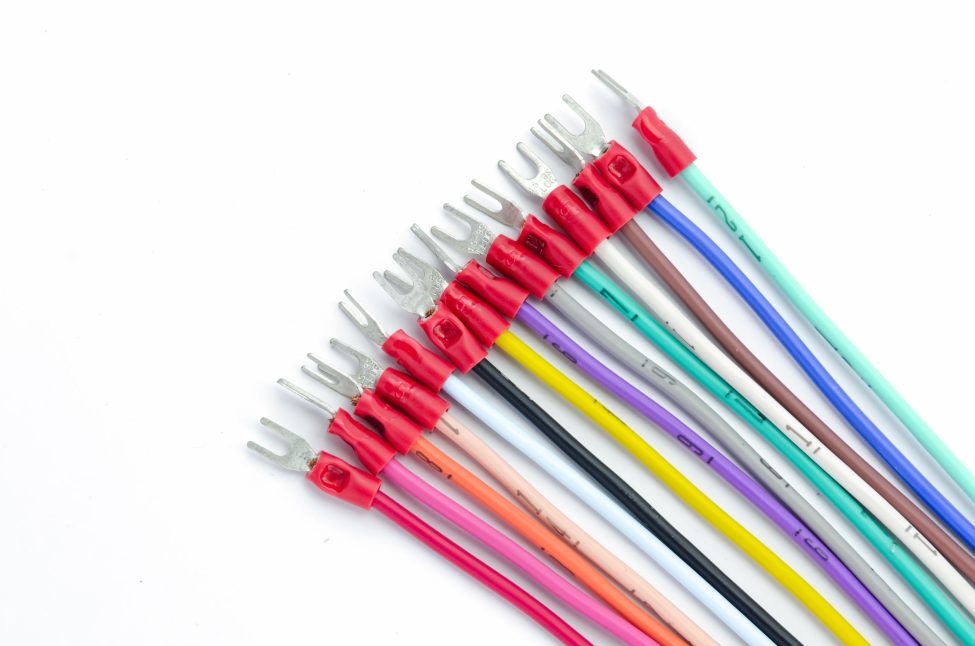 Multicolored electric - power cables on white background.