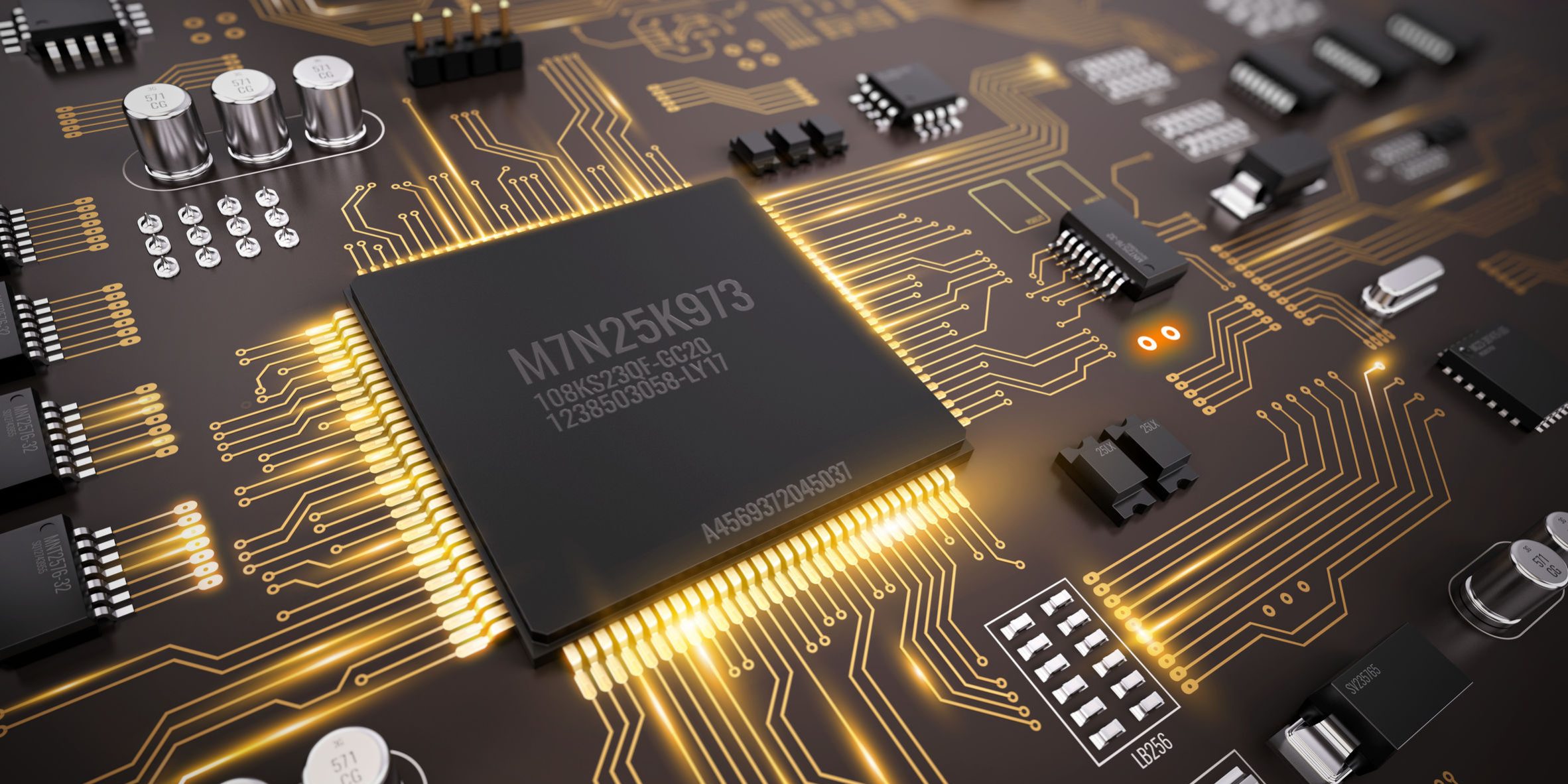 High tech electronic PCB (Printed circuit board) with processor, microchips and glowing digital electronic signals. 3d illustration