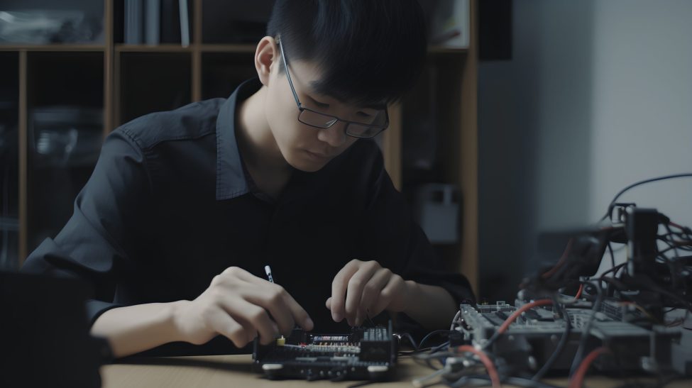 young asian man repairing computer at home, technology and electronics concept Emerging Workforce